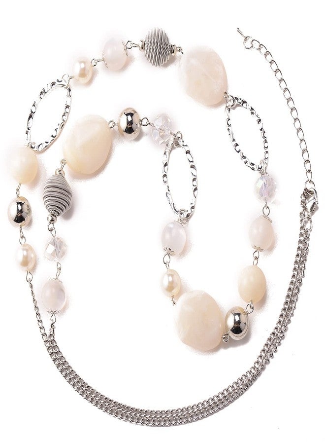 BULINLIN Beaded Long Necklace for Women Silver Sweater Chain Necklace with Crystal Resin Beads, Fashion Jewelry Necklace(White) - Image 2
